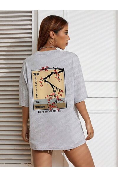 CLAYES Сірий оверсайз футболка з коротким рукавом і коміром-велосипедом Flower Festival
