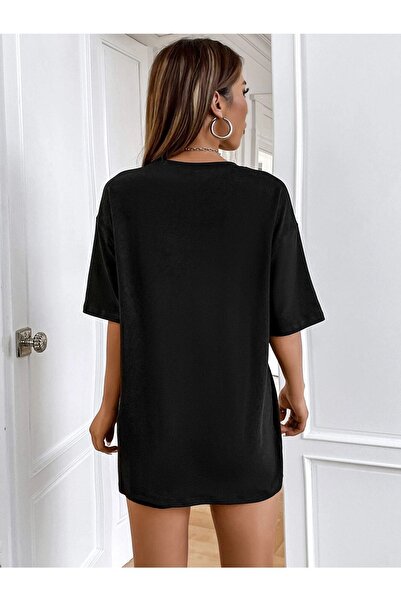 CLAYES Μαύρο μπλουζάκι Cool Mom - Μπλουζάκι με κοντό μανίκι Oversize Crew Neck