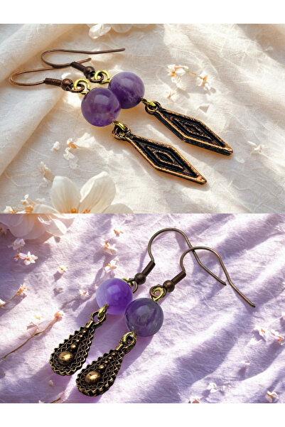 ayrestyle طقم أقراط من حجر الجمشت والجمشت الطبيعي مكون من قطعتين - مزين - 5 س...