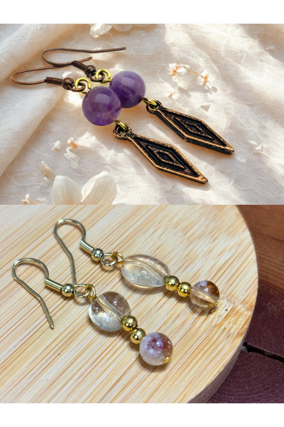 ayrestyle طقم أقراط من حجر الجمشت والسترين الطبيعي مكون من قطعتين - مزخرف - 5...