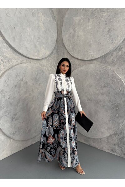 WellWay Atlas Fabric Floral Print Shirt Collar Button Detail Gray Dress (Include Belt)-2502