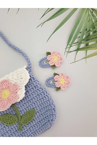 Kadın Girişimciler Atölyesi Papatya Model Handmade % 100 Cotton Manyetik Mıknatıslı Çocuk Çantası ve 2'li Toka Set