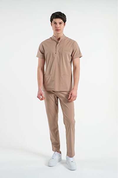 LİZY STORE Matheo - بدلة رجالي باللون البيج بأزرار وياقة محكمة وممرضة طبيب زي موحد لفريق المستشفى