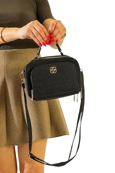 Classbag Geantă neagră de umăr pentru femei, cu trei ochi, cu detaliu text