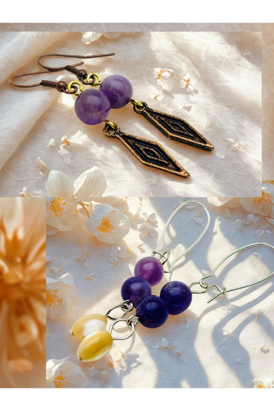 ayrestyle Amethyst & Amethyst Natural Stone 2-Piece Earring Set with Dangle -...
