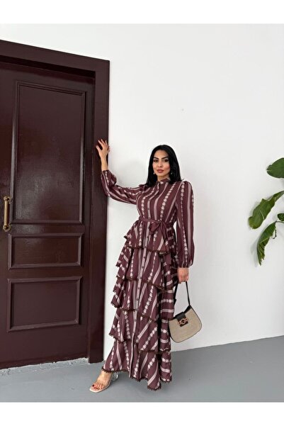 WellWay Jennyfer Тканина креп & мереживо з підкладкою, з рюшами, кавове платт...