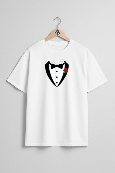 Bahriyeli Collection Oversize Bow Tie Tuxedo and Flower Chest Design Unisex T-Shirt