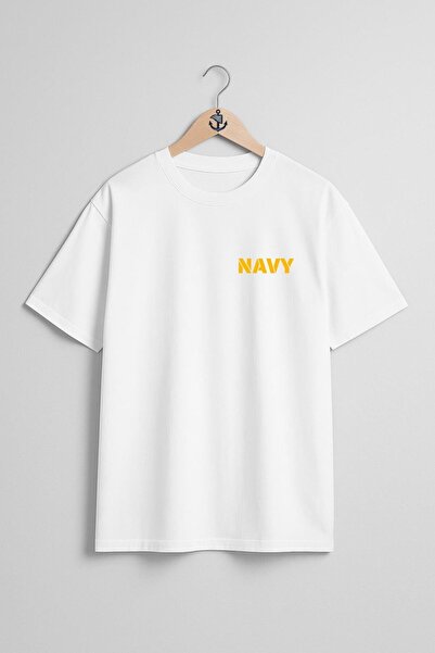 Bahriyeli Collection Oversize Navy Text Unisex T-Shirt with Pocket and Back D...