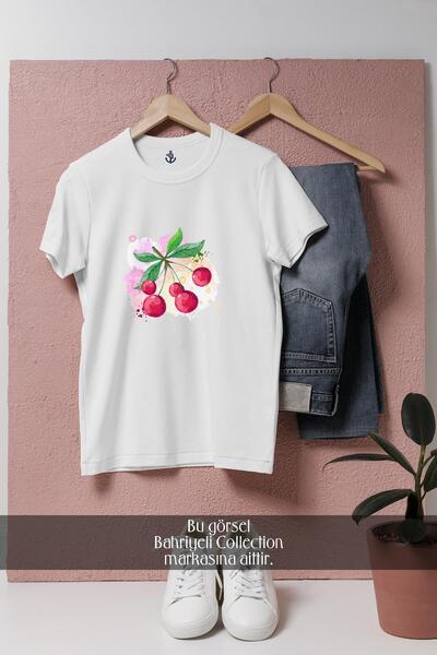 Bahriyeli Collection Овърсайз цветна тениска с дизайн на череши, подходяща за...