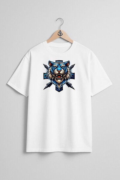 Bahriyeli Collection Oversize E Sport Logo Blue Tiger Chest Design Unisex T-S...