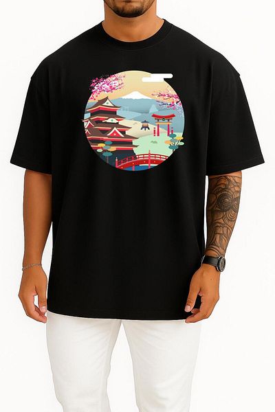 Bahriyeli Collection Oversize Tokyo Art, Japan Unisex T-Shirt with Chest Design