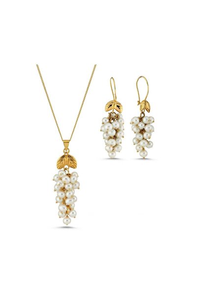 Birinci1926 925 Ayar Gümüş Üzümlü Doğal Inci Küpe Kolye Ikili Set