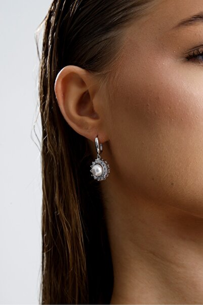 Birinci1926 925 Ayar Gümüş Papatya Modelli Zirkon Taşlı Doğal Inci Kadın Küpe