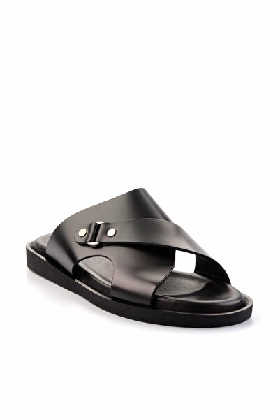 Bambi Black Opening Genuine Leather Men's Slippers E 04433002914