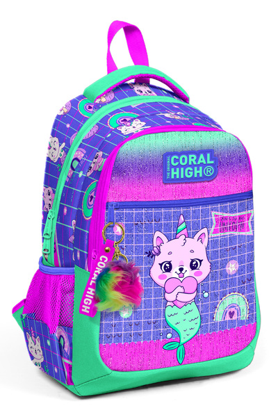 Coral High Mermaid Cat Patterned Lavender-Water Green School Bag 23478