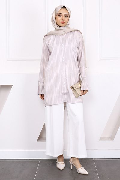 İmajButik Striped Pleated Sleeve and Stone Button Tunic