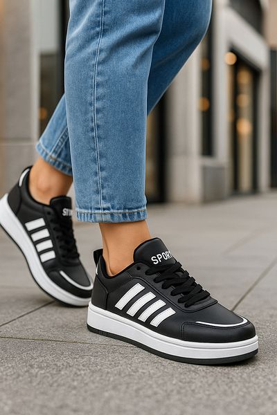 Nstil Daily Unisex Black White Sneaker Sports Shoes Lace-Up Stripe Detailed Lace-Up Serrated Sole 3438