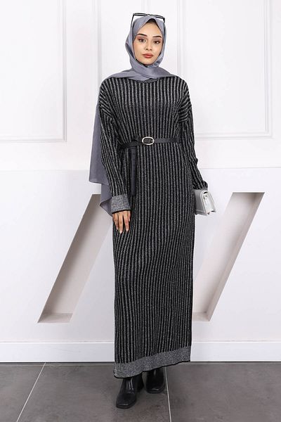 İmajButik Black Glittery Striped Knitwear Dress