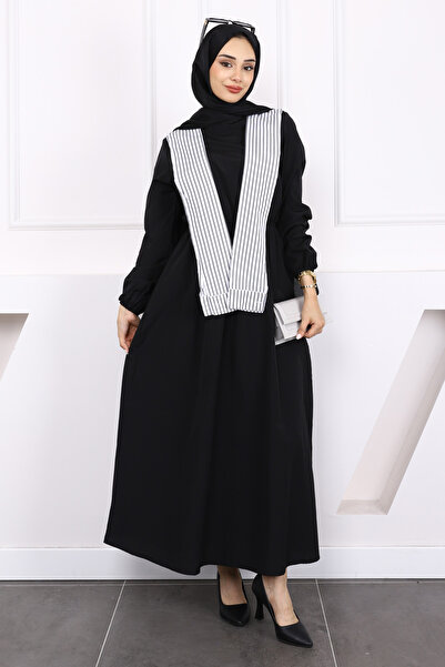 İmajButik Siyah Yaka Detaylı Bel Lastikli Elbise