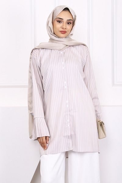 İmajButik Striped Pleated Sleeve and Stone Button Tunic
