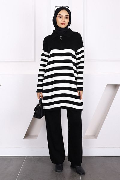 İmajButik Black Collar Zippered Tunic Trousers Knitwear Set