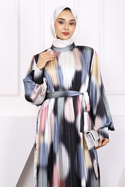 İmajButik Khaki Waist Belted Pleated Dress