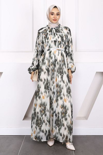 İmajButik Green Belted Patterned Shirred Chiffon Dress