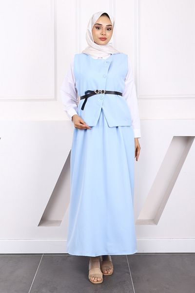 İmajButik Baby Blue Belted Crepe Vest Skirt Suit