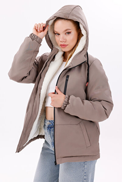 freemen Dámský zimní kabát a kabát s kapucí z norkové kožešiny a voděodolný proti větru