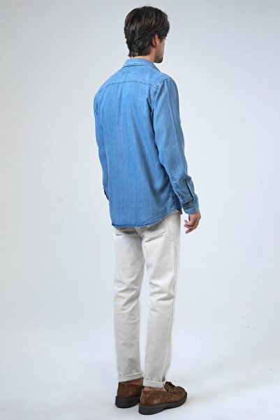 Back And Bond Mavi Regular Fit Cepli Denim Gömlek