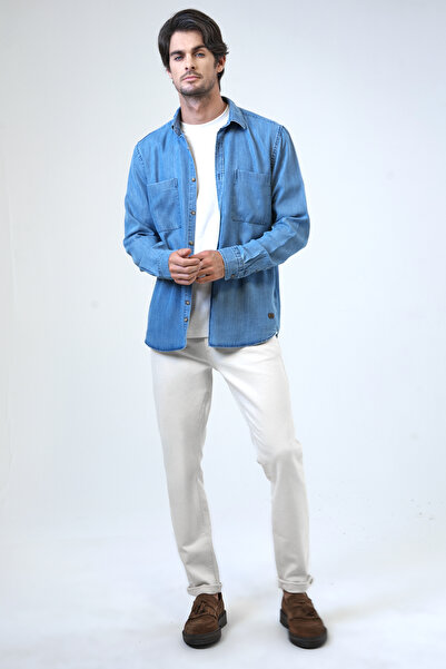 Back And Bond Mavi Regular Fit Cepli Denim Gömlek