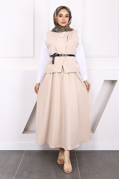 İmajButik بدلة تنورة كريب بحزام بيج