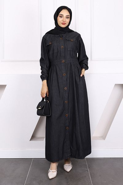 İmajButik Black Buttoned Denim Dress with Elastic Waist