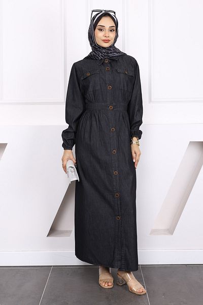 İmajButik Anthracite Pocket Buttoned Denim Dress
