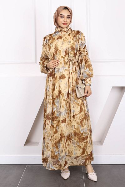 İmajButik Mink Sleeve Gathered Patterned Chiffon Dress