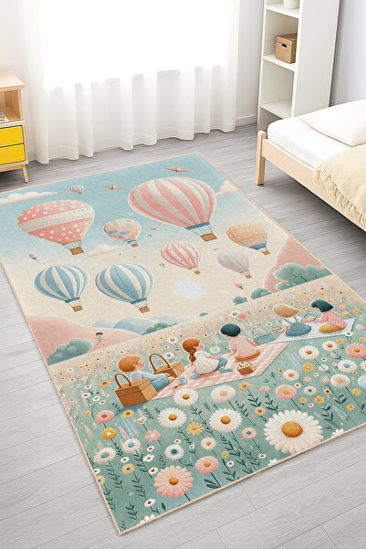 Realhomes Bahar Temalı Sıcak Hava Balonu Desenli Çocuk Odası Yıkanabilir Kaym...