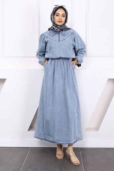 İmajButik Blue Waist Elastic Pocket Denim Dress