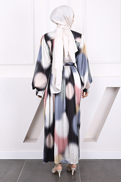 İmajButik Khaki Waist Belted Pleated Dress