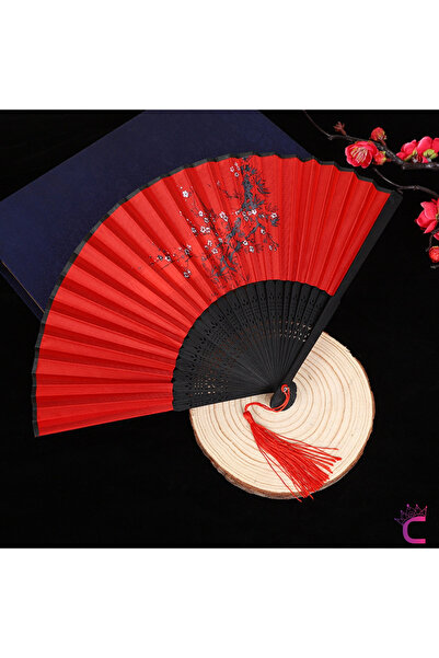 Cinderella Accessories Japon Çin Tarzı Çiçek Desenli Çanta Boy Ahşap Bambu El Yelpazesi 21cm Kırmızı Püsküllü Yelpaze