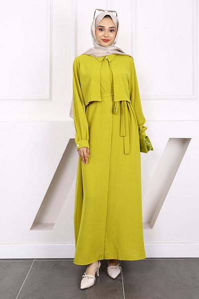 İmajButik Oil Green Pocketed Waist Belted Dress