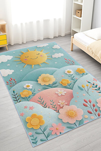 Realhomes Canlı Renklerde Güneş ve Çiçek Temalı Çocuk Odası Yıkanabilir Kayma...