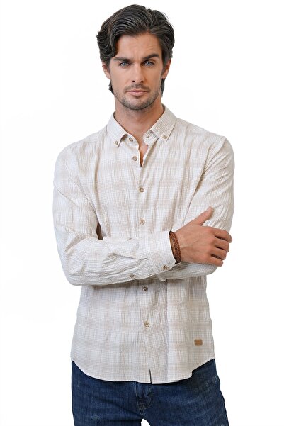 Back And Bond Bej Regular Fit %100 Pamuk Ekoseli Gömlek