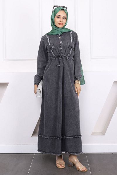 İmajButik Smoked Tassel Waist Tie Denim Dress
