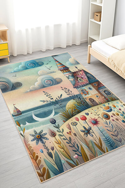 Realhomes Renkli Bulut ve Çiçek Motifli Çocuk Odası Yıkanabilir Kaymaz Taban ...