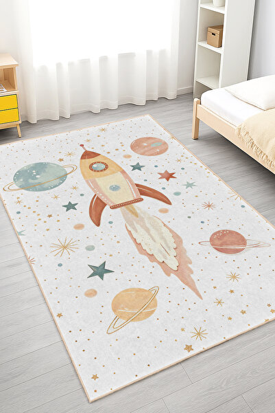 Realhomes Roket ve Gezegen Temalı Desenli Yıkanabilir Kaymaz Taban Halı