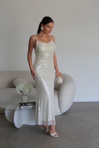 Julidress Cream Sequined Strapless Neckline Lined Maxi Long Length Premium Dress