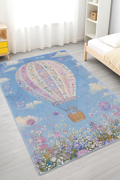 Realhomes Renkli Balon Desenli Çocuk Odası Yıkanabilir Kaymaz Taban Halı