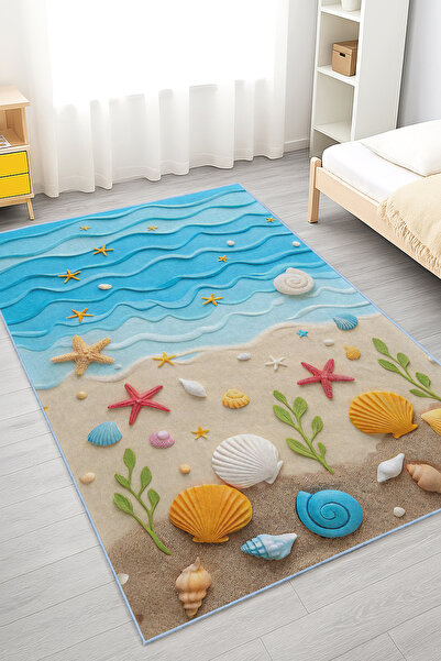 Realhomes Mavi Deniz Temalı Yıkanabilir Kaymaz Taban Çocuk Odası Halısı