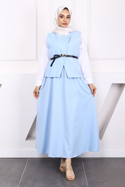 İmajButik Baby Blue Belted Crepe Vest Skirt Suit