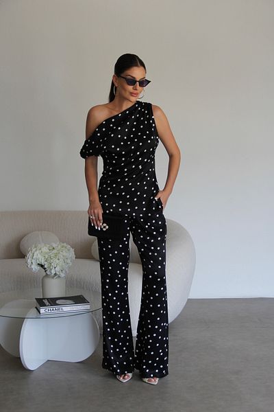 Julidress Black Polka Dot Blouse and Pants Bottom Top Premium Satin Set